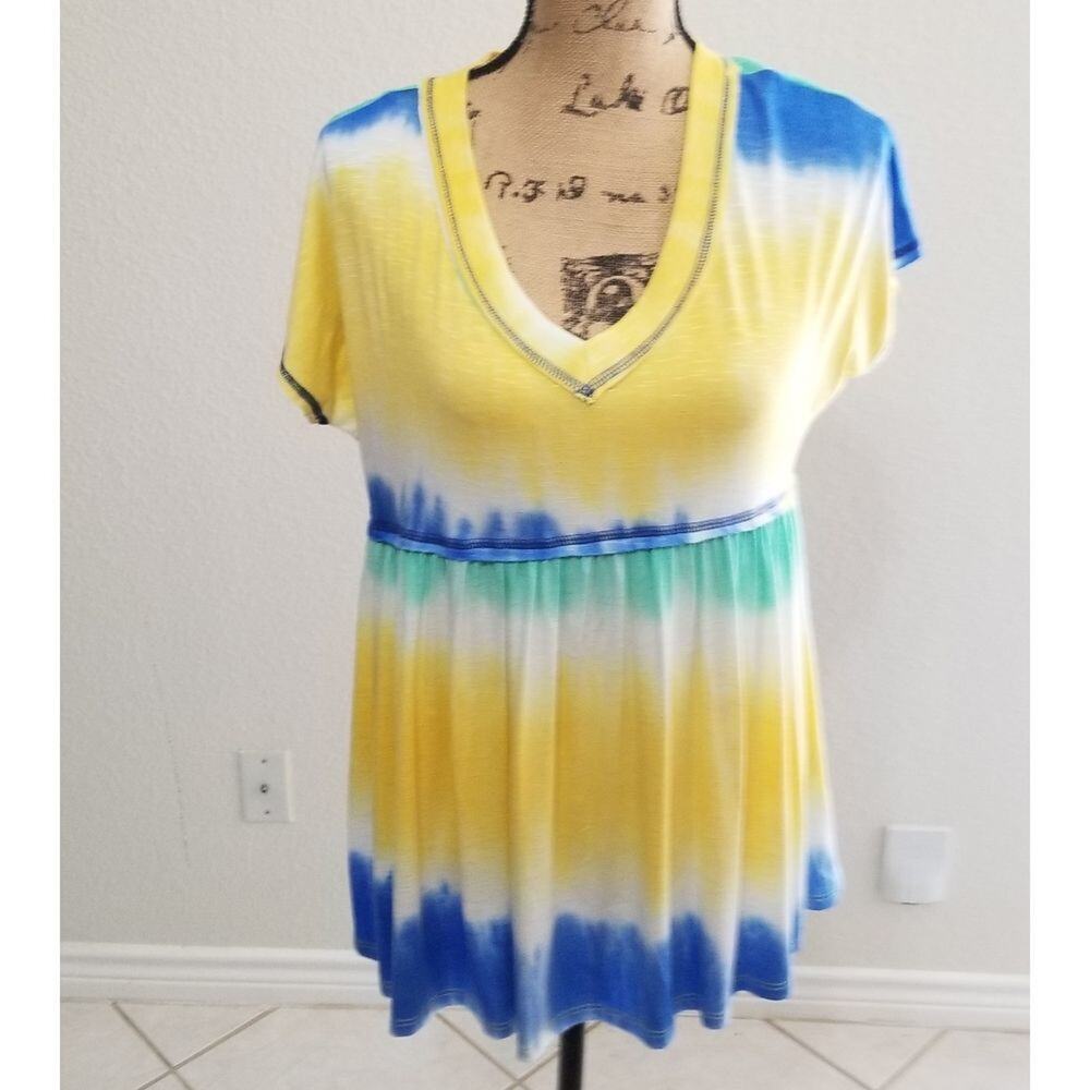 WHITE birch tie dyed top‎ stitched layered tee shirt short sleeved swim coverup